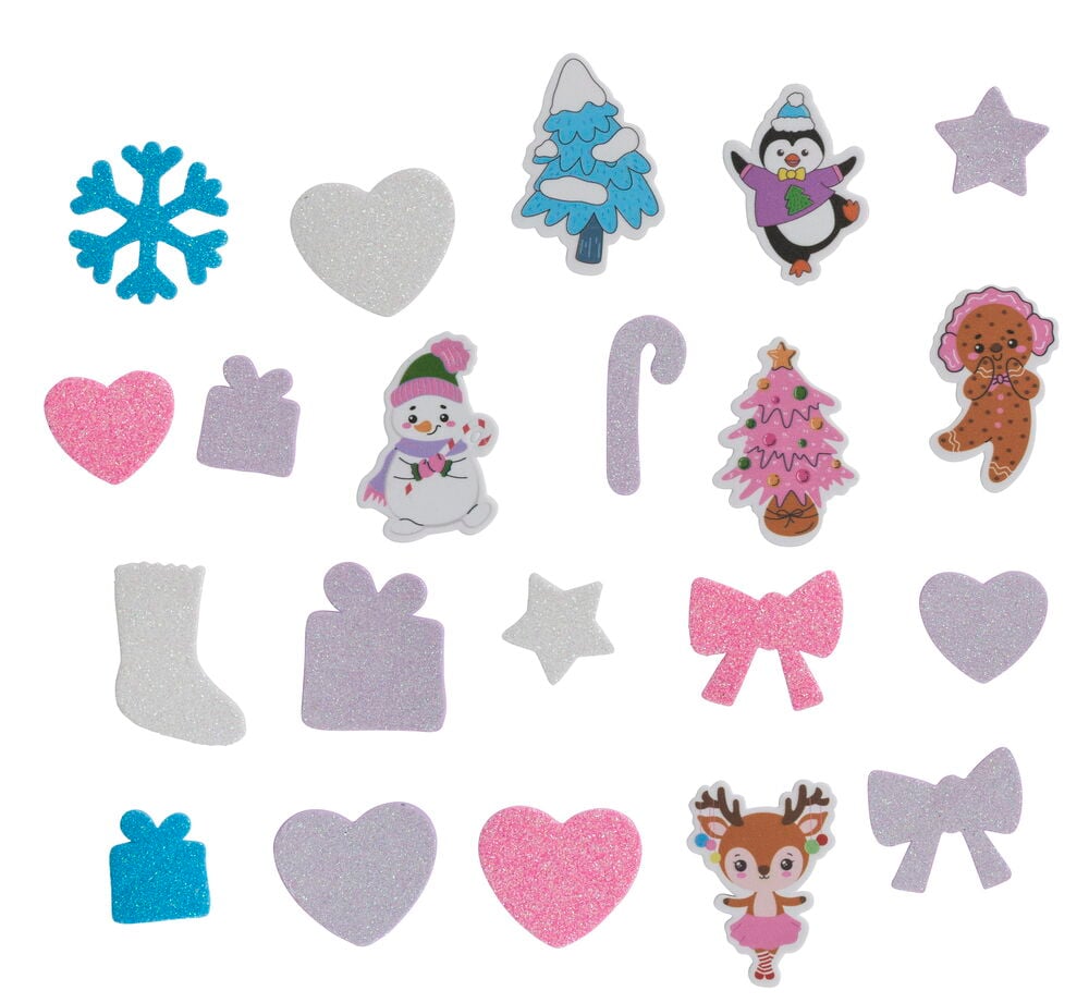 Schaumstoffsticker 150 er-Pack zeigt verschiedene glitzernde Weihnachtsformen: Schneeflocken, Herzen, Bäume, Schneemann, Pinguin, Rentier.