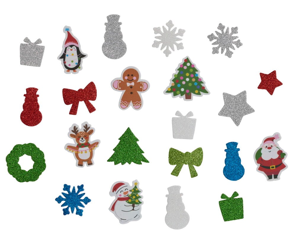 Schaumstoffsticker 150 er-Pack mit glitzernden, illustrierten Weihnachtssticker: Schneemänner, Bäume, Weihnachtsmann.