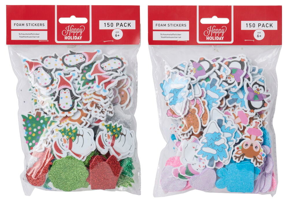 To gjennomsiktige plastposer med Happy Holiday Foam Stickers 150-pk med assorterte fargerike jule-tema skumklistremerker.