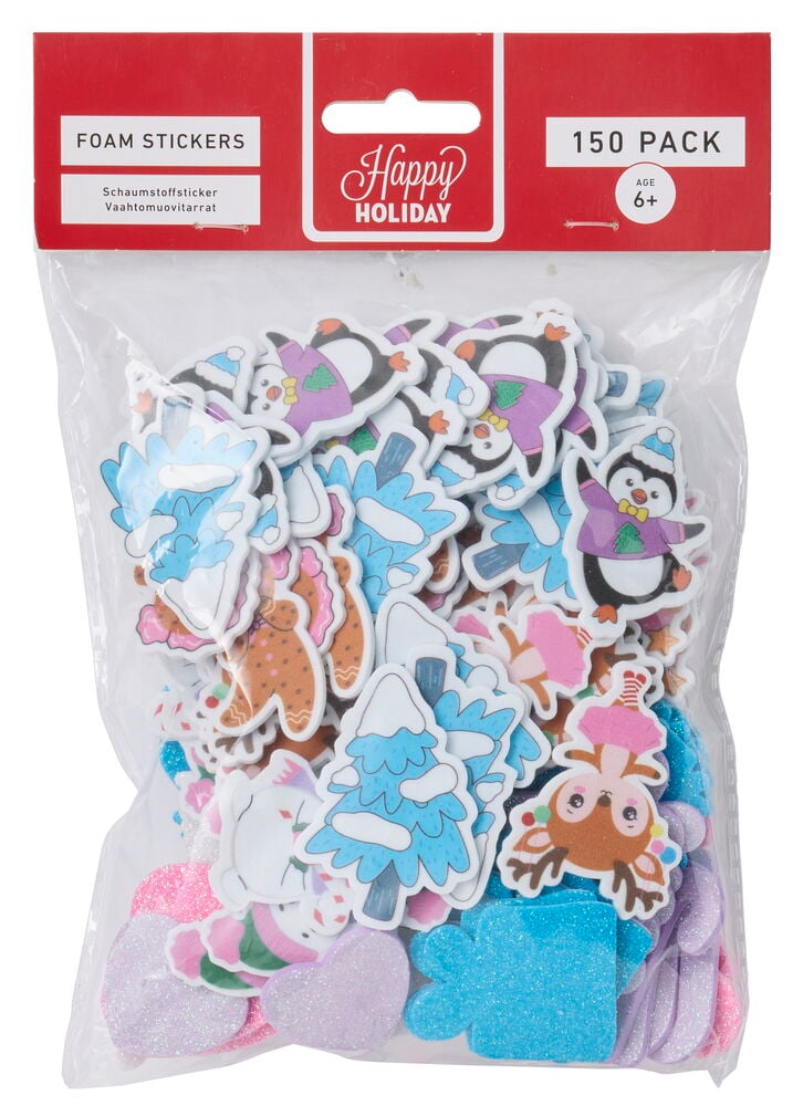 Schaumstoffsticker 150 er-Pack, mehrfarbige Weihnachtsformen wie Pinguine, Bäume, Lebkuchen und Glitzer in klarer Tüte.