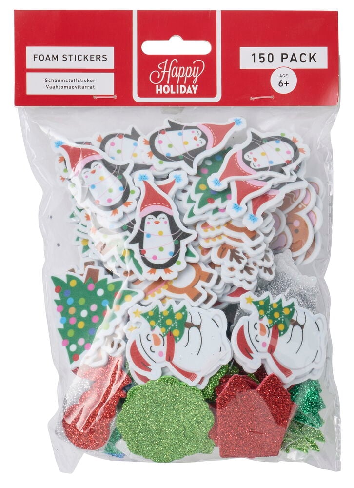 Schaumstoffsticker 150 er-Pack: Weihnachtliche Pinguin-, Baum-, Schneemann- und Glitzerschaumsticker in einem Klarsichtbeutel.