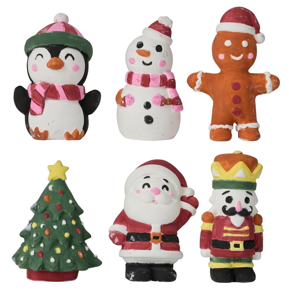 Malerset 6 er-Pack Weihnachten zeigt Pinguin, Schneemann, Lebkuchenmann, Weihnachtsbaum, Weihnachtsmann und Nussknacker.