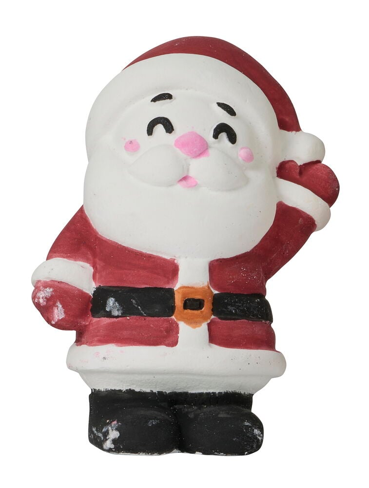 Eine bemalte Weihnachtsmannfigur in Rot und Weiß mit schwarzem Gürtel und goldener Schnalle.