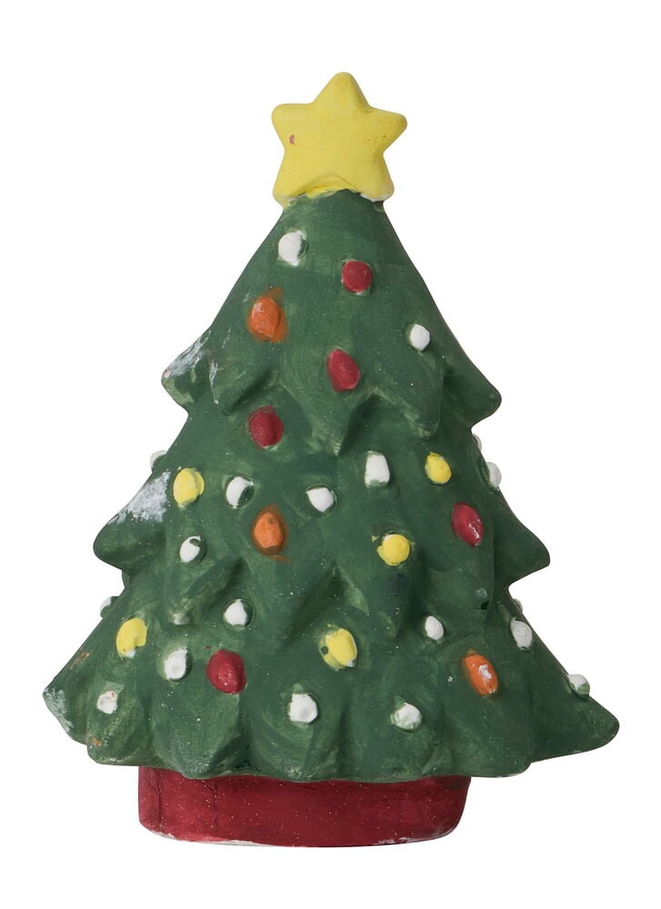 Grün bemalte Weihnachtsbaumfigur mit gelbem Stern und bunten Ornamenten auf rotem Sockel.