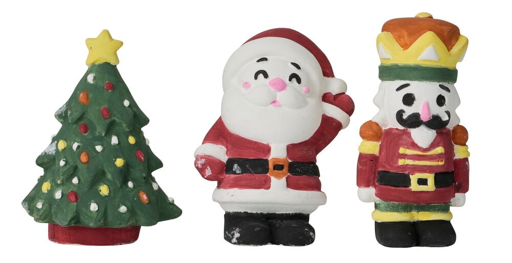 Malerset 6er-Pack Weihnachten: drei bemalte Figuren, ein grüner Baum mit Stern, roter Weihnachtsmann und roter Nussknacker.