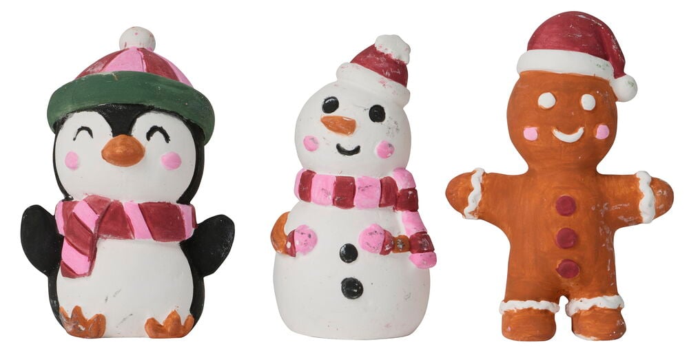 Malerset 6er-Pack Weihnachten mit bemaltem Pinguin, Schneemann und Lebkuchenmann, alle mit Wintermützen und Schals.