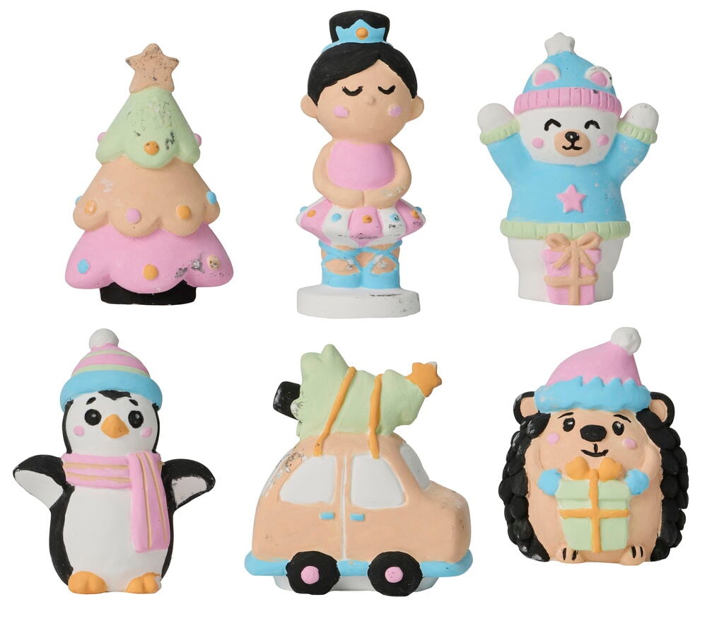 Malerset 6 er-Pack Weihnachten mit unbemalten Figuren: Baum, Ballerina, Bär, Pinguin, Auto mit Baum, Igel.