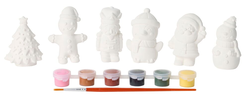 Malerset 6 er-Pack Weihnachten: 6 weiße Keramikfiguren, 7 verschiedene Farben und ein Pinsel.