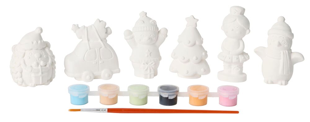 Ein Malerset 6 er-Pack Weihnachten, mit 6 unbemalten weißen Weihnachtsfiguren, 6 kleinen Farbtöpfen und einem Pinsel.