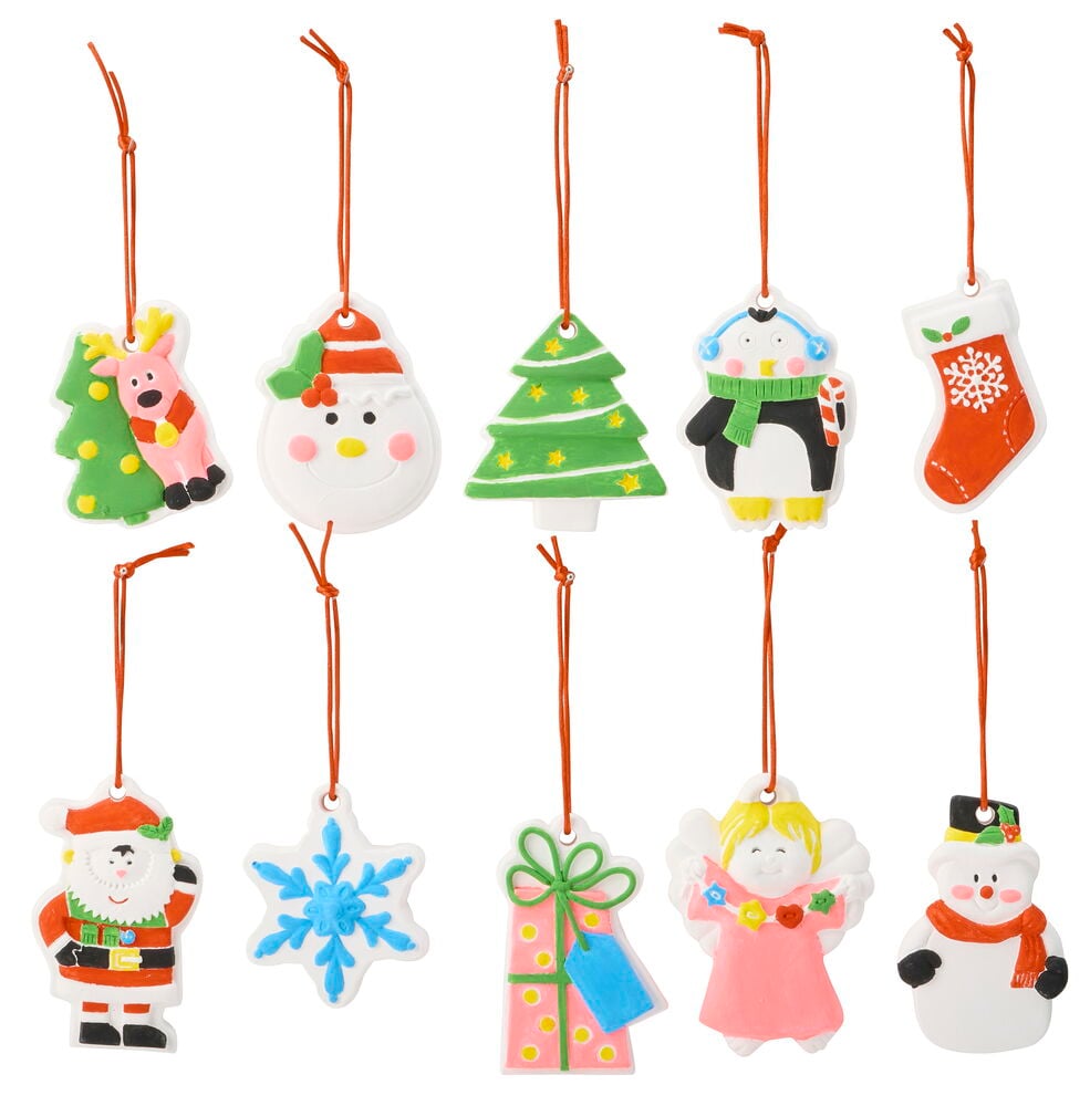 Malerset 10 er-Pack Weihnachten zeigt 10 Ornamente: Weihnachtsmann, Schneemann, Baum, Rentier, Pinguin, Engel, Geschenk, Strumpf, Schneeflocke.