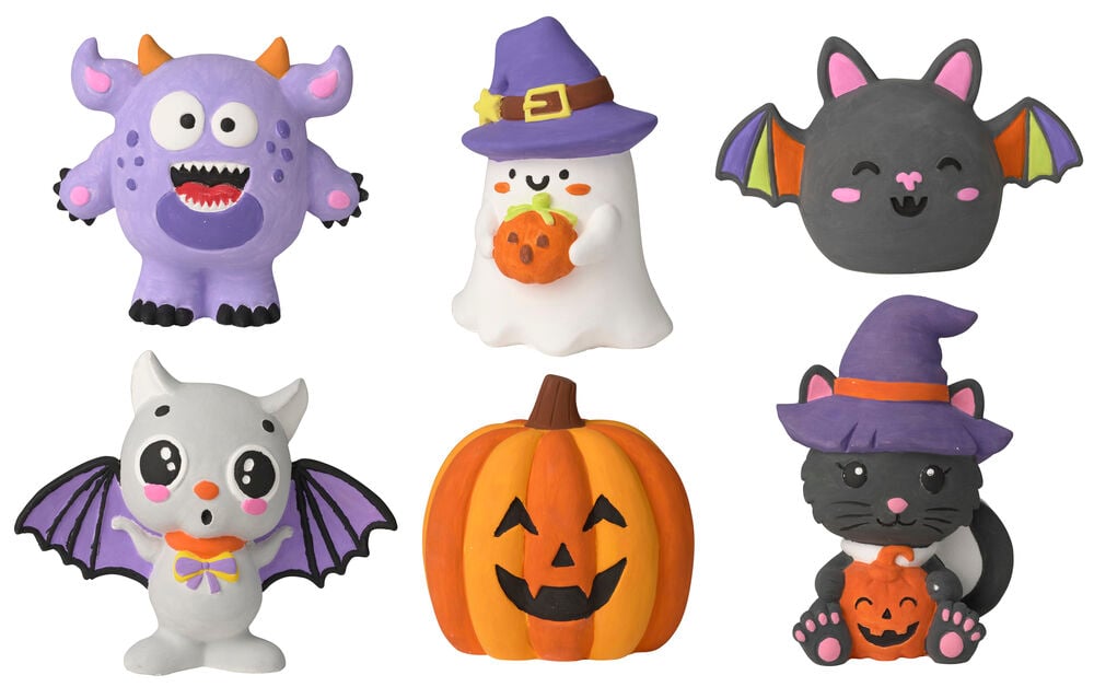 Målarset Halloween med sex omålade figurer: lila monster, vitt spöke, två fladdermöss, pumpa, svart katt.