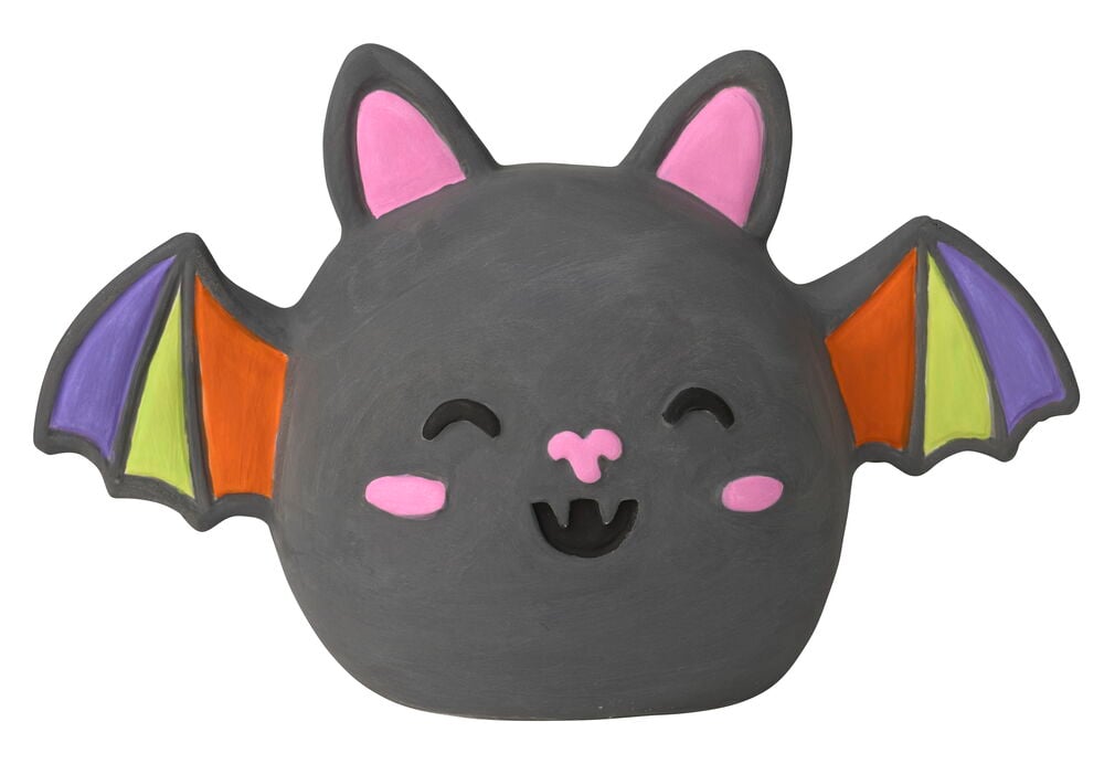 Målarset Halloween: En mörkgrå fladdermusfigur med rosa öron, kinder, nos och lila, gröna, orange vingar.