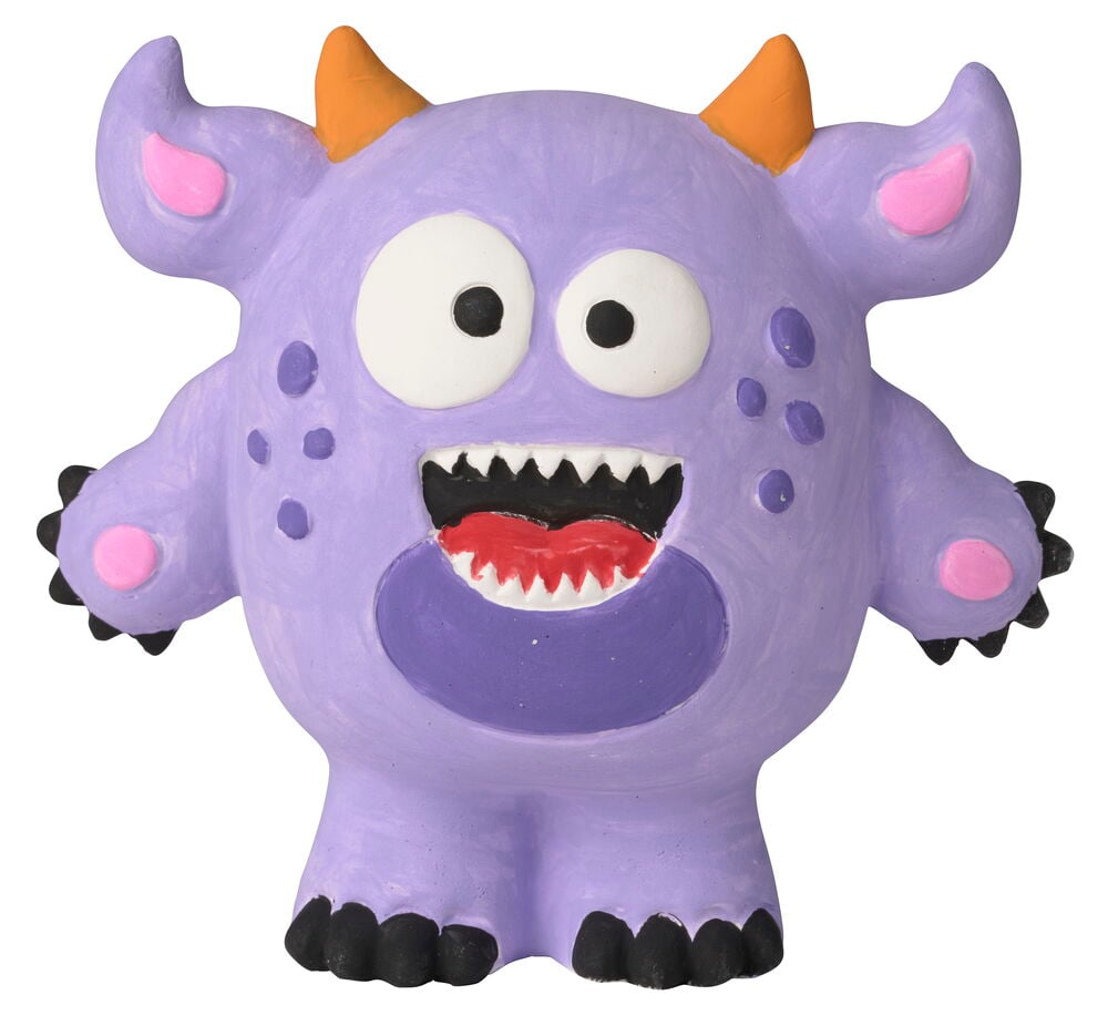 Målarset Halloween: Lila monsterfigur med orange horn, rosa detaljer, svarta klor, vita ögon, öppen mun.