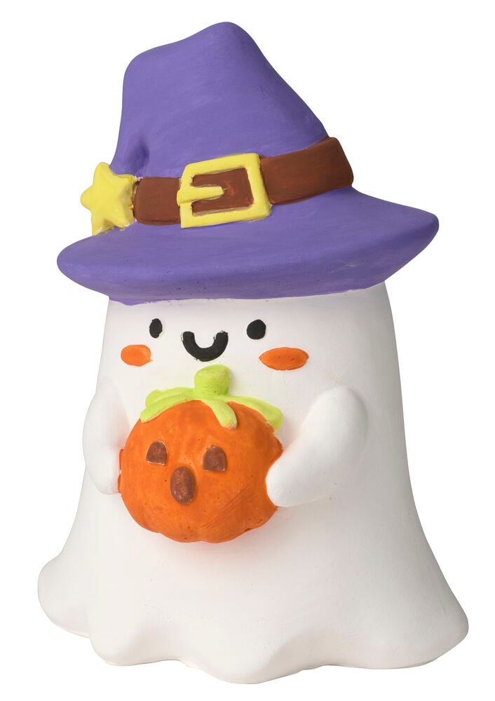 Målarset Halloween föreställande en vit spökfigur med lila häxhatt och gul stjärna, som håller i en orange pumpa.