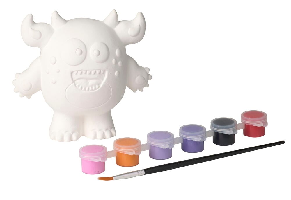 Målarset Halloween med vit monsterfigur, sex krukor med diverse färger och en pensel.