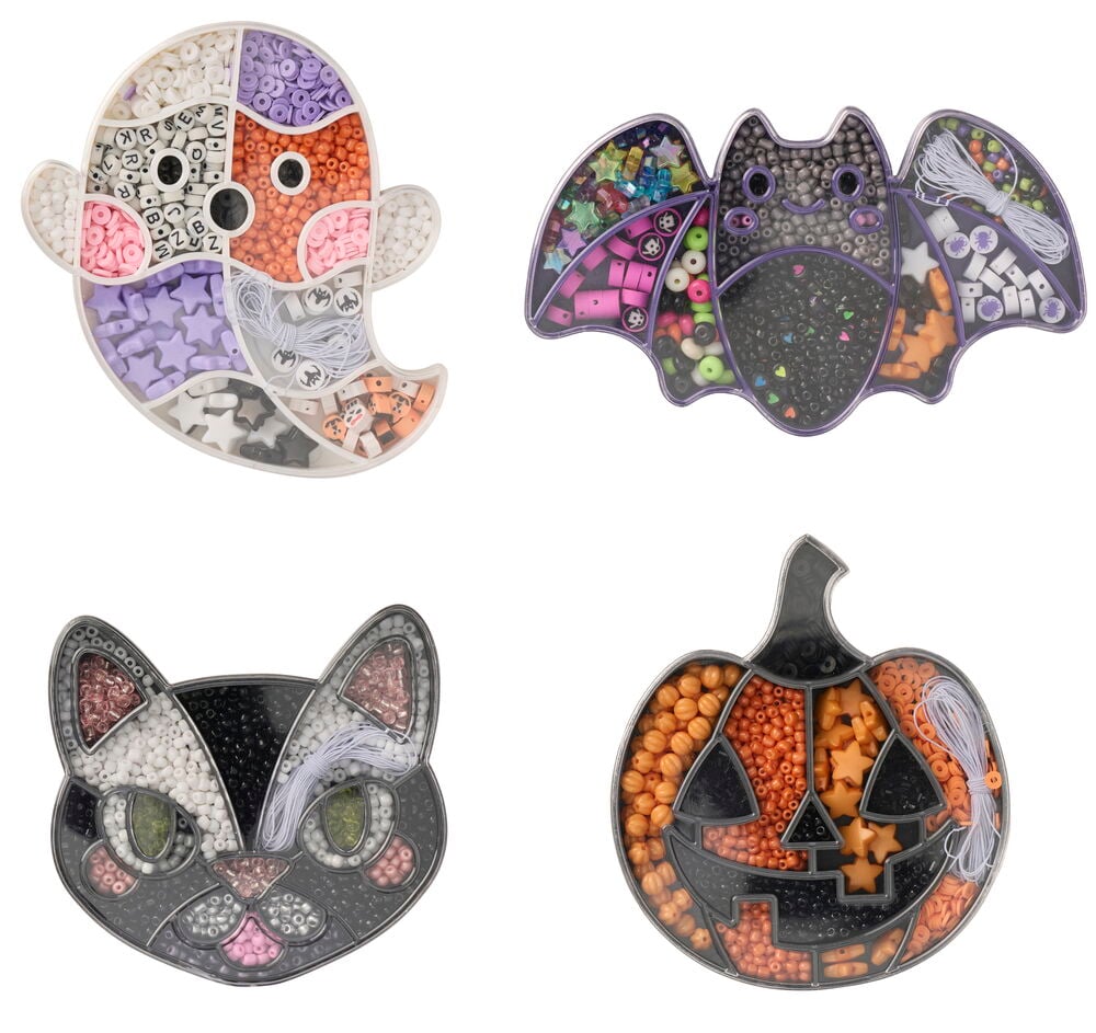Perlenset Halloween mit Geist, Fledermaus, schwarzer Katze und Kürbis, gefüllt mit verschiedenen Perlen und Schnüren.