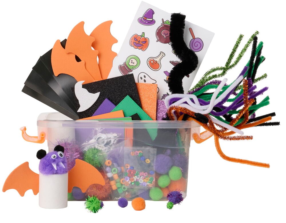 Hobbyboks Halloween, klar boks med fargerike materialer: skum, filt, piperensere, pom-poms, klistremerker, flaggermushåndverk.
