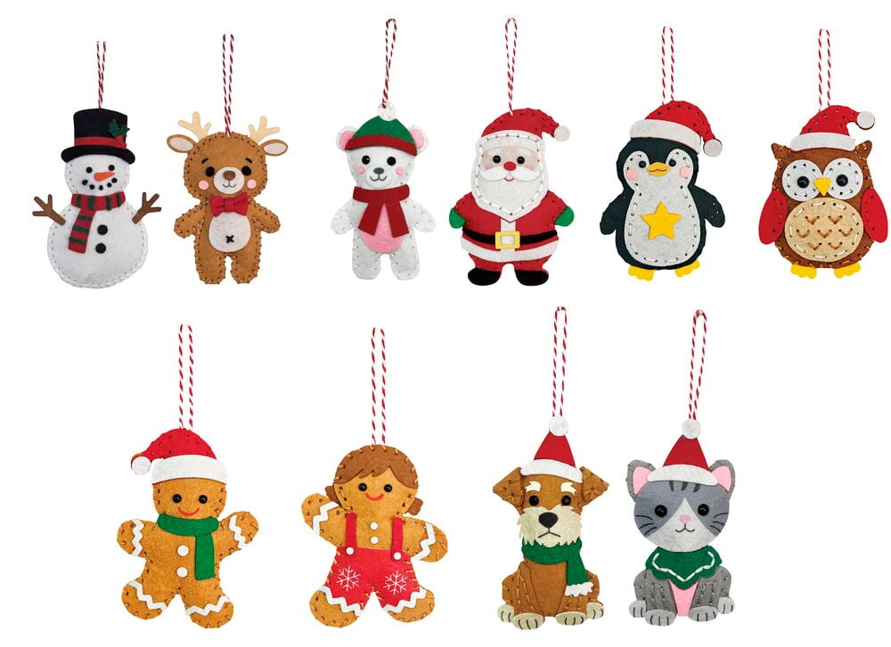 Bastelset Christmas Mixed mit zehn bunten Filzornamenten, darunter Schneemann, Rentier, Weihnachtsmann, Pinguin, Lebkuchenfiguren.