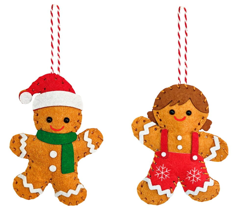 Bastelset Christmas Mixed: Zwei Filz-Lebkuchenornamente, ein Mann mit roter Mütze, grünem Schal; eine Frau mit roter Latzhose.