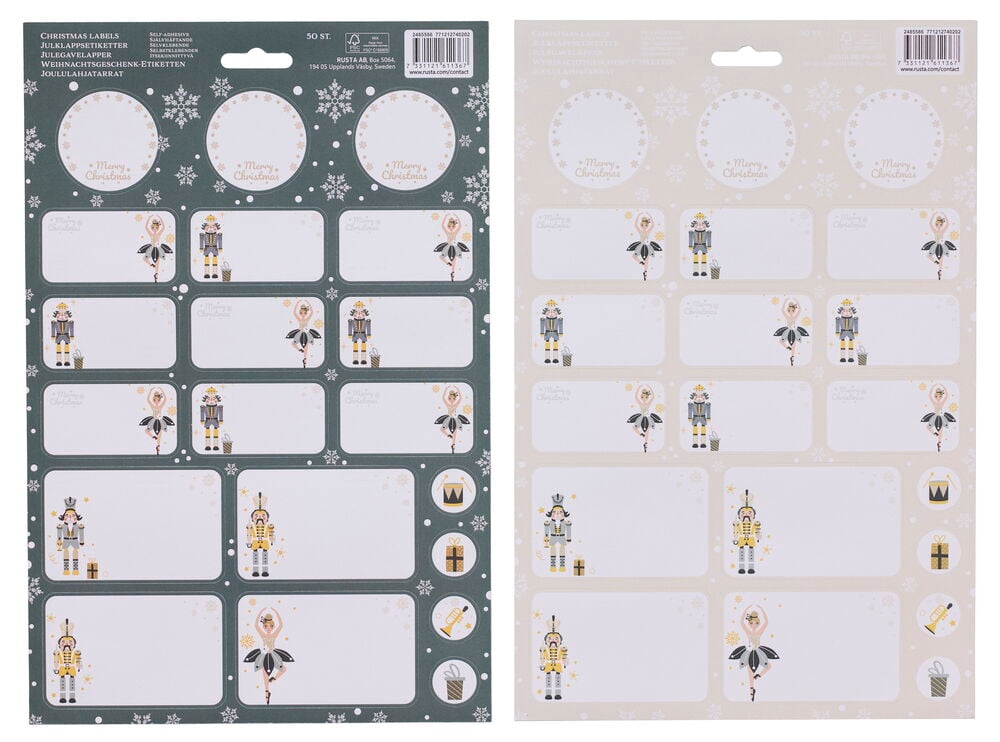 Geschenketiketten 50er-Pack Nussknacker, zwei dunkelgrüne und beige Bögen mit Ballerina- und Weihnachtsdesigns.