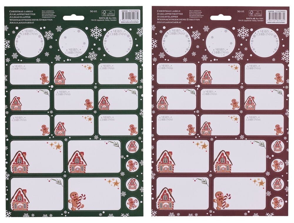 Zwei Bögen Geschenketiketten 50er-Pack Lebkuchen mit Häusern, Männchen, Schneeflocken und Sternen auf grünen und bordeauxroten Hintergründen.