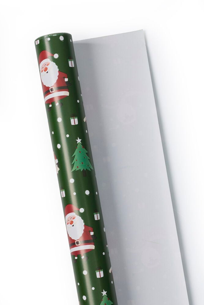 Weihnachtspapier 8 m Grün Santa, gerollt, mit Weihnachtsmännern, Weihnachtsbäumen, Geschenken und Schneeflocken.