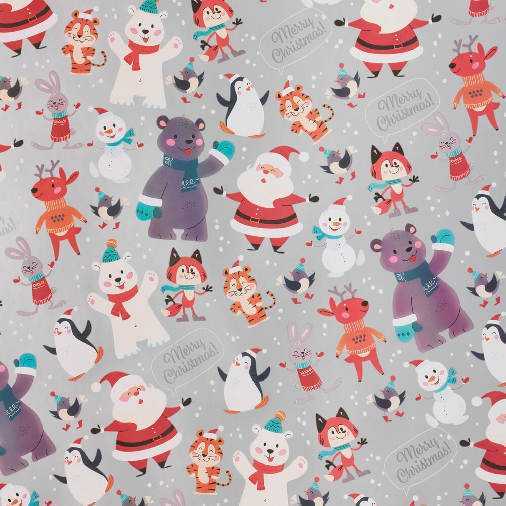 Silbernes Weihnachtspapier mit Comic-Weihnachtsmann, Eisbären, Rentieren und 'Merry Christmas!'-Text.