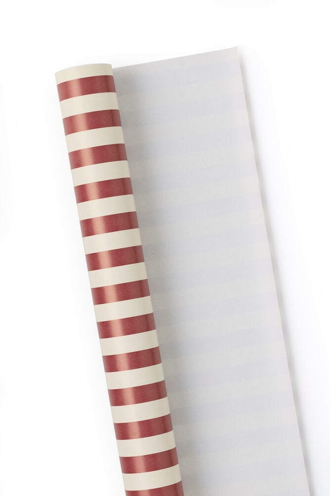 Eine Rolle Weihnachtspapier 3 m Stripe mit roten und beigen Querstreifen, teilweise abgerollt.