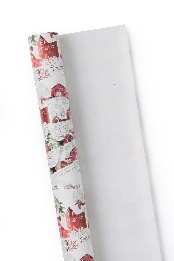 Weihnachtspapier 3 m Winter village Rolle, mit roten Häusern und verschneiten Bäumen Muster.