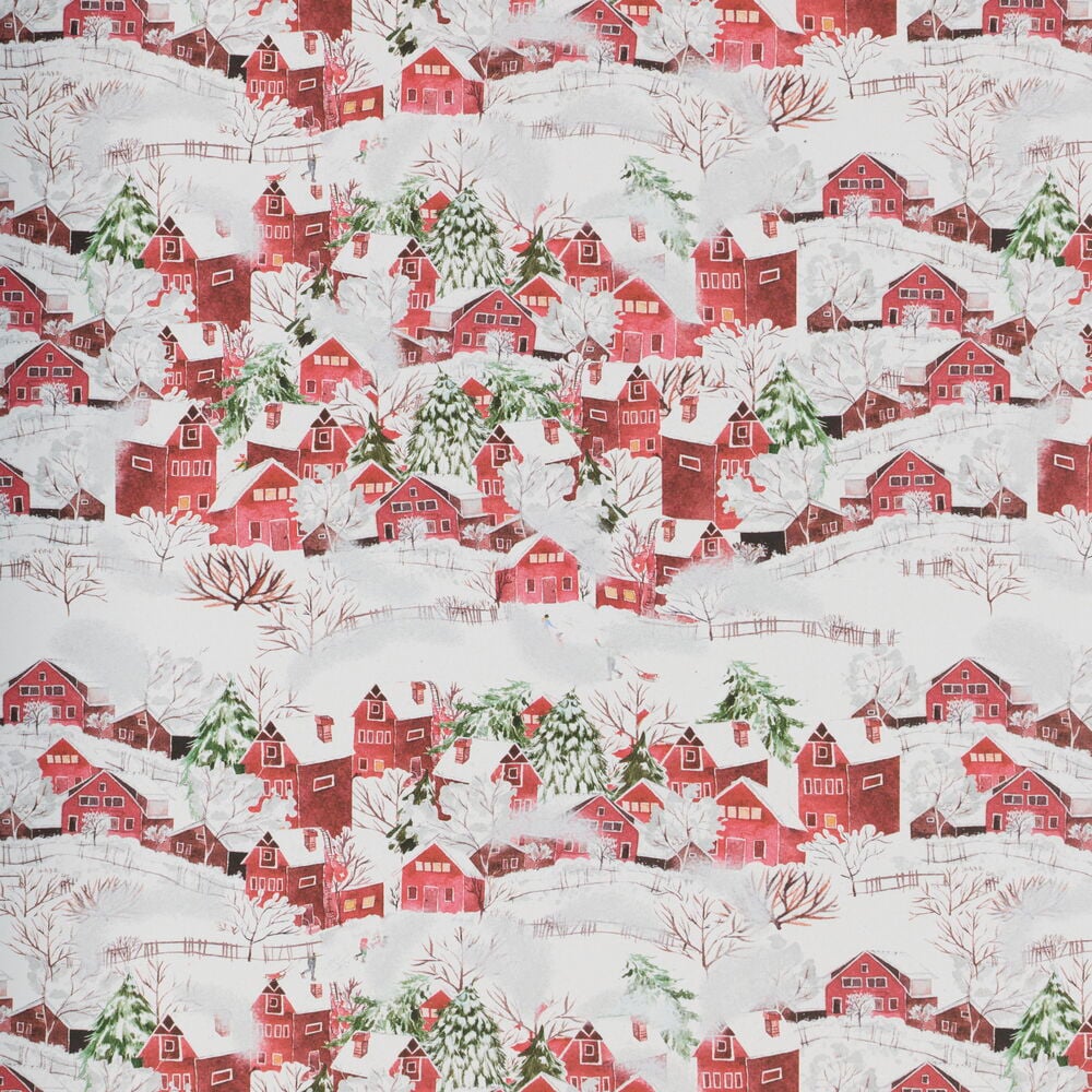 Weihnachtspapier mit wiederholtem Winterdorf-Muster, das rote Häuser, verschneite Bäume und Hügel zeigt.