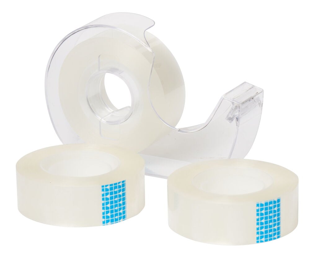 Tre rullar transparent tejp med plastdispenser.