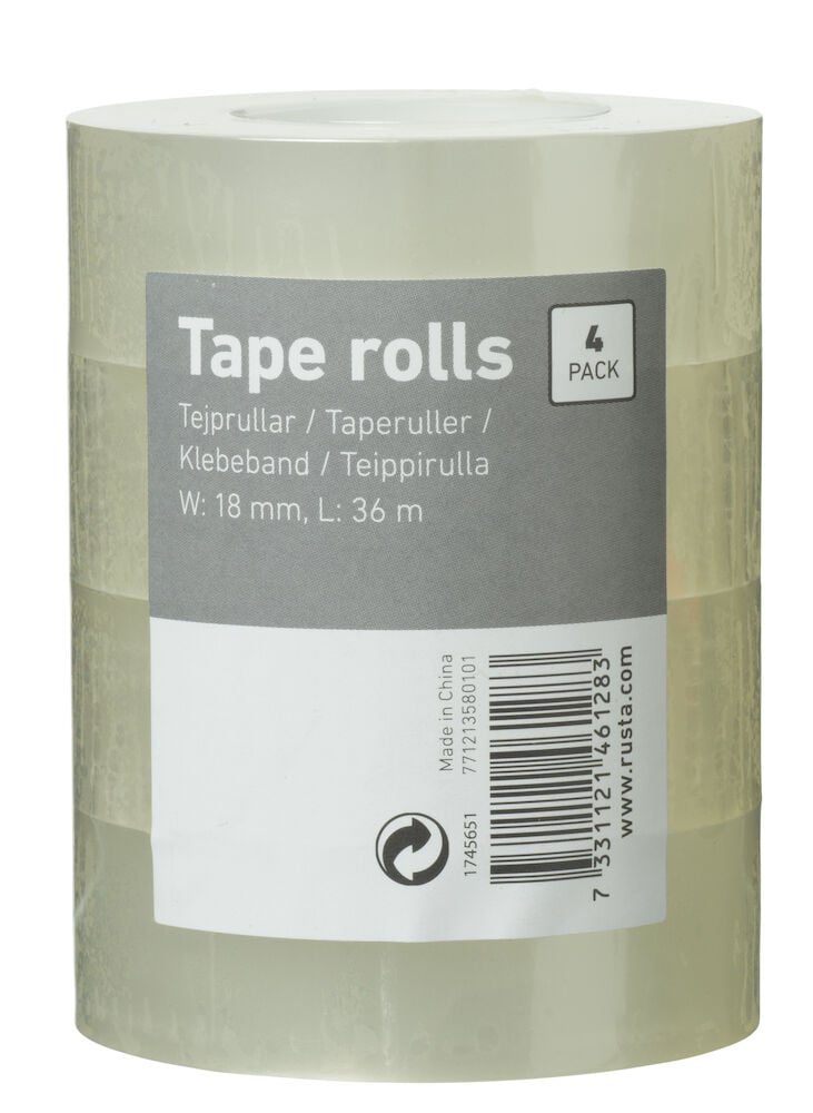 Fyra genomskinliga tejprullar staplade på varandra.