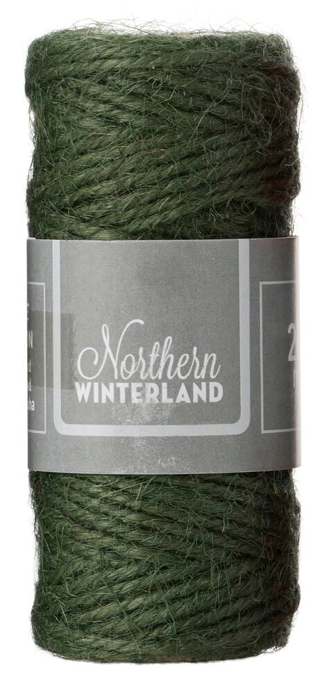 Ein dunkelgrünes 20 m Juteband, aufgerollt, mit einem grauen Etikett, das 'Northern WINTERLAND' zeigt.