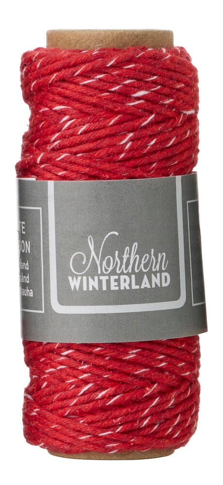 Eine Rolle rotes und weiß gesprenkeltes Juteband, mit einem grauen Etikett Northern Winterland.