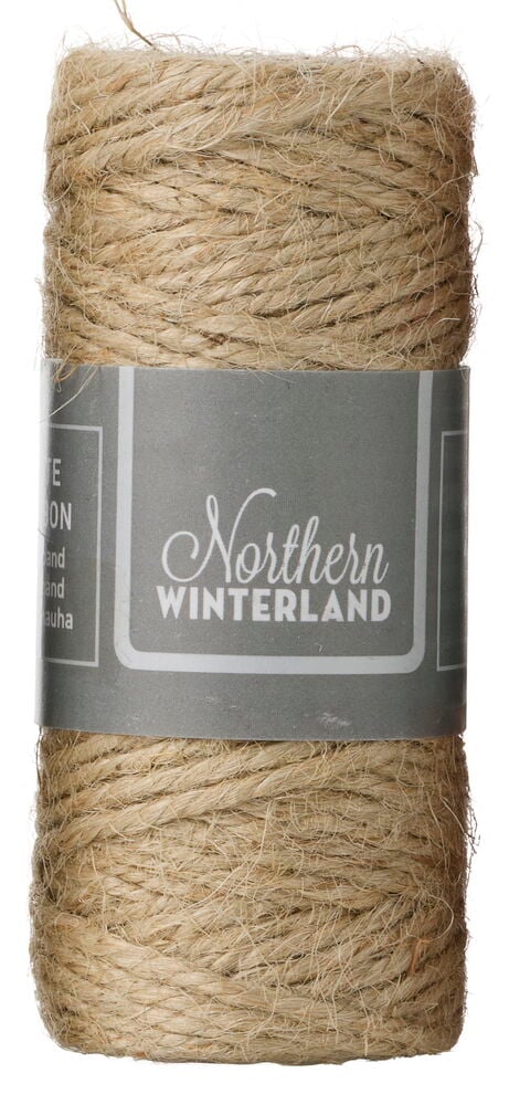 Eine Rolle natürliches braunes Juteband 20 m Verschiedene Farben mit einem grauen "Northern WINTERLAND"-Etikett.