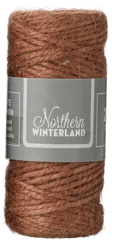 Eine Nahaufnahme einer Rolle braunen Jutebands mit einem grauen 'Northern WINTERLAND'-Etikett.