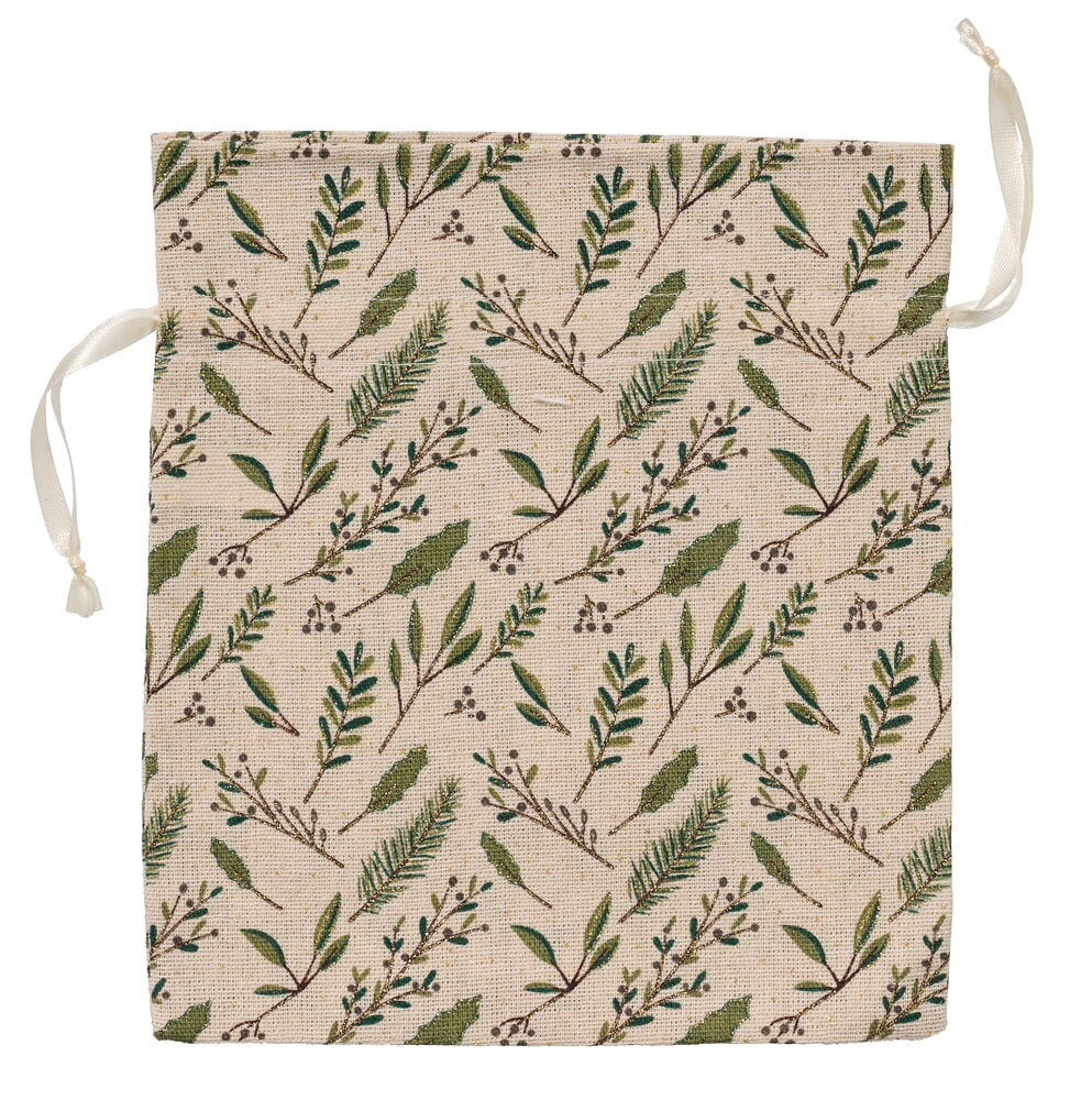 Geschenkbeutel 20x22,5 cm Weihnachten: Beiger Zugbeutel mit grünem Blätter- und braunem Beerenmuster.