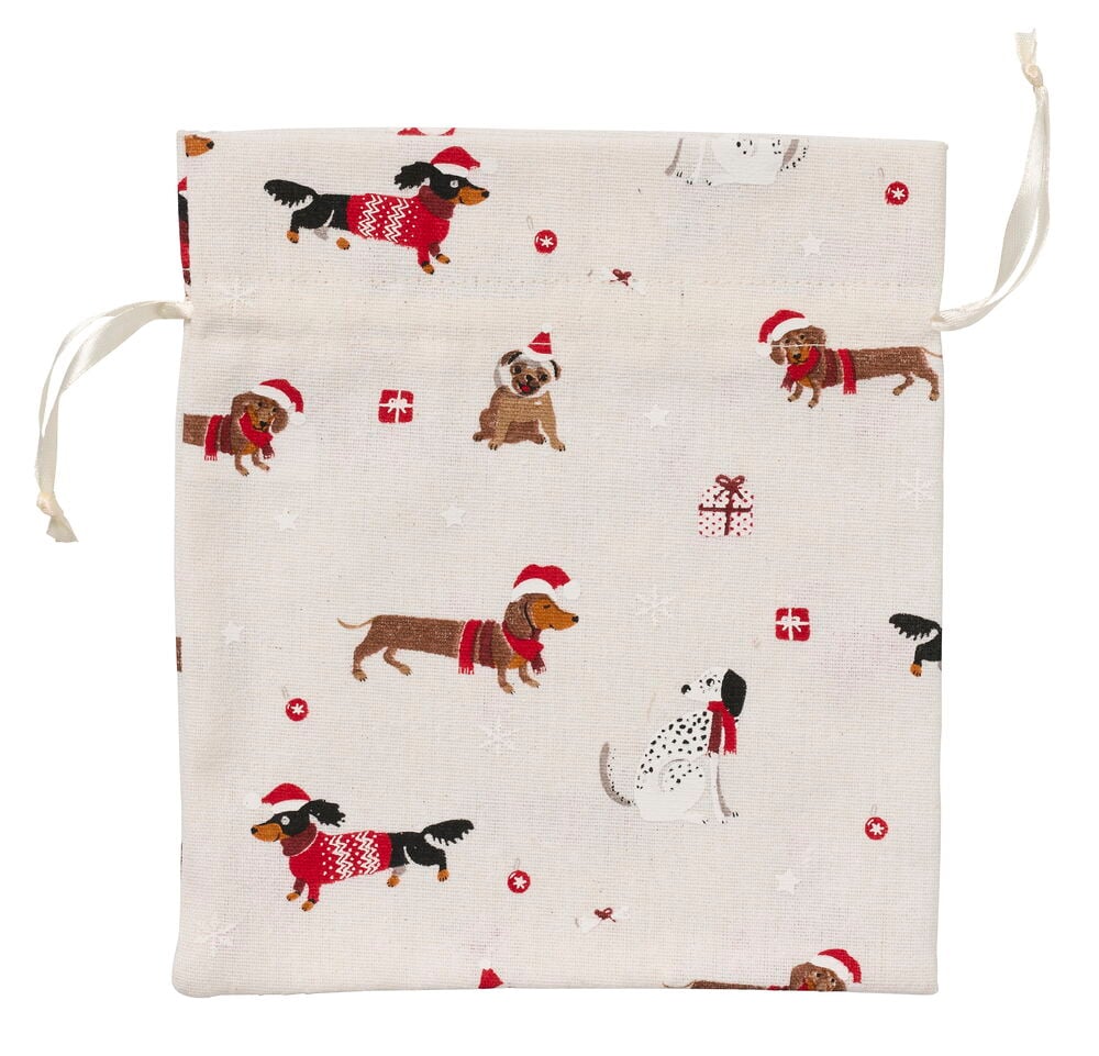 Geschenkbeutel 20x22,5 cm Weihnachten, hellbeiger Stoff mit festlichem Hunde-, Schneeflocken- und Geschenkboxmuster, Kordelzug.