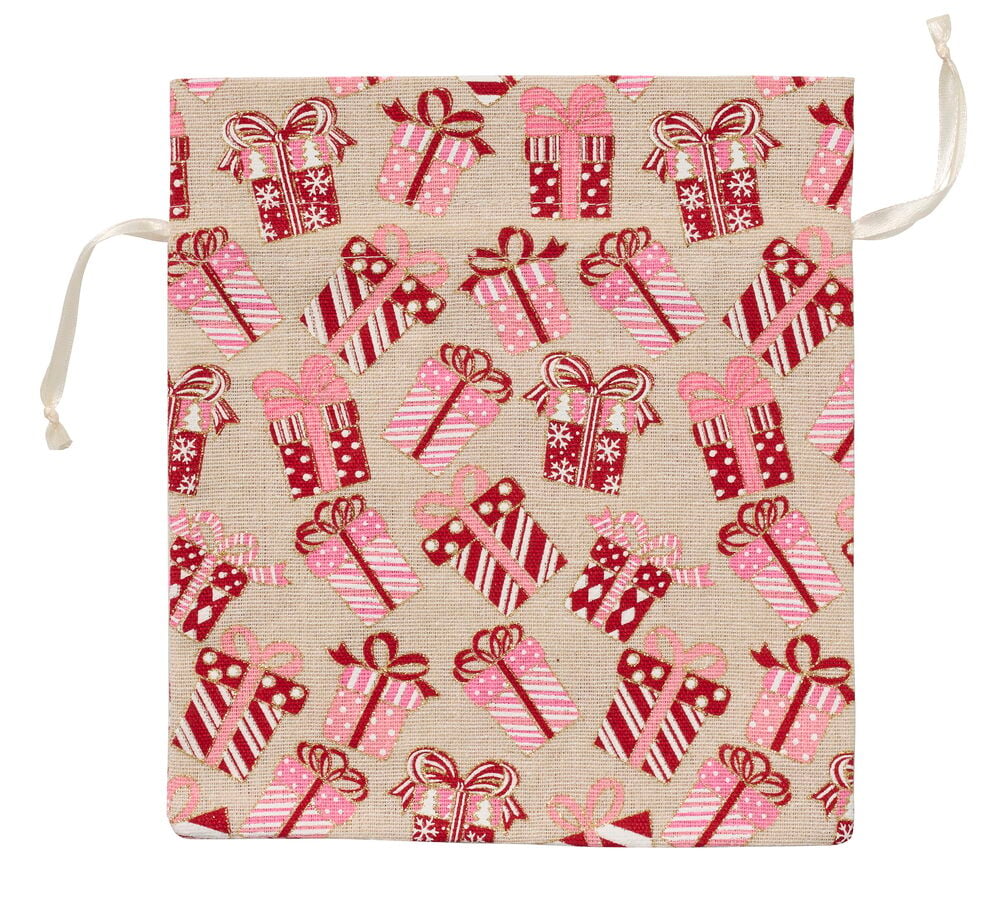 Weihnachts-Geschenkbeutel, Naturfaser-Webstoff mit verstreuten roten und rosa Geschenkmustern, weißen Kordeln.