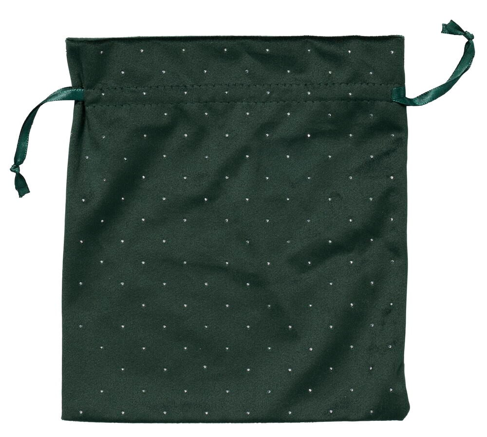 Grüner Weihnachtsgeschenkbeutel aus Satin mit silbernen Glitzerpunkten und grünem Kordelzug.