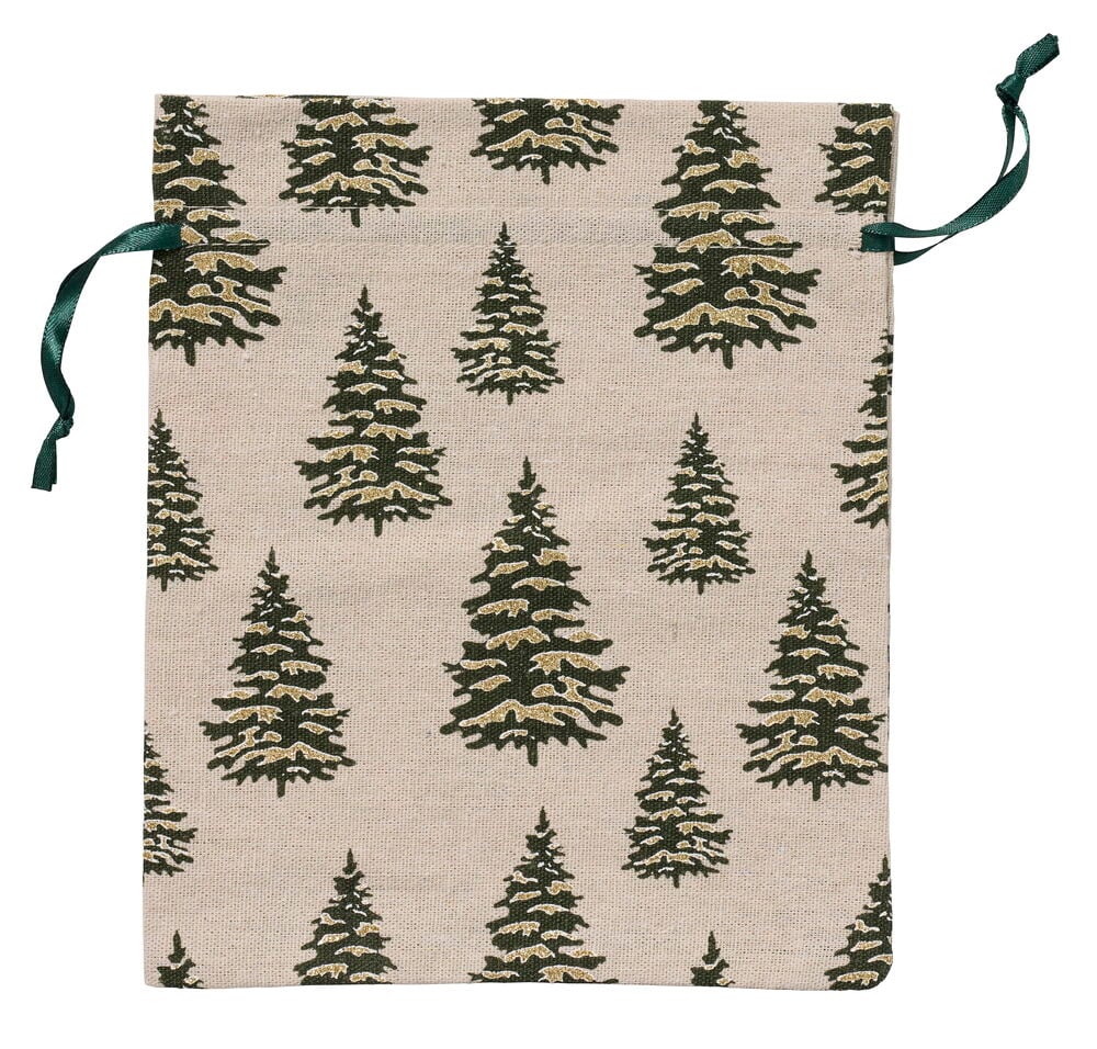 Geschenkbeutel 20x22,5 cm Weihnachten: Beiger Stoffbeutel mit grünem Weihnachtsbaumdruck, grünem Kordelzug.
