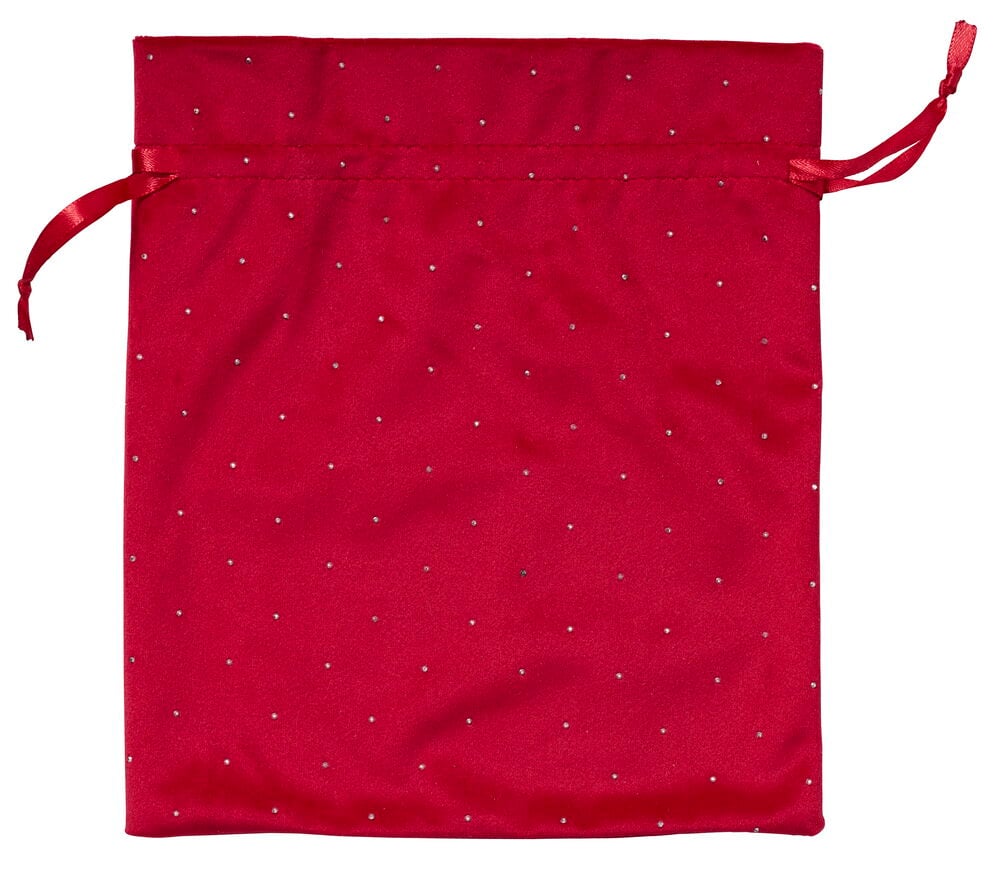 Roter Satin Geschenkbeutel 20x22,5 cm Weihnachten mit silbernen Glitzerpunkten und Kordelzug.