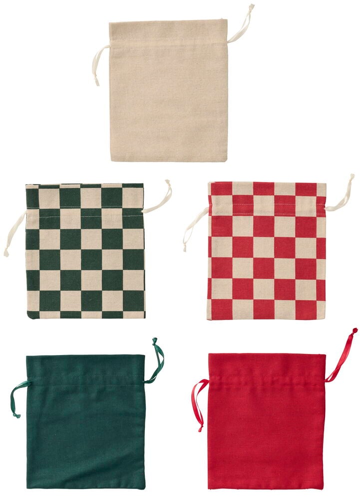 Fünf gemischte 20x22,5 cm Weihnachts Geschenkbeutel: natur, grün kariert, rot kariert, einfarbig grün, einfarbig rot.