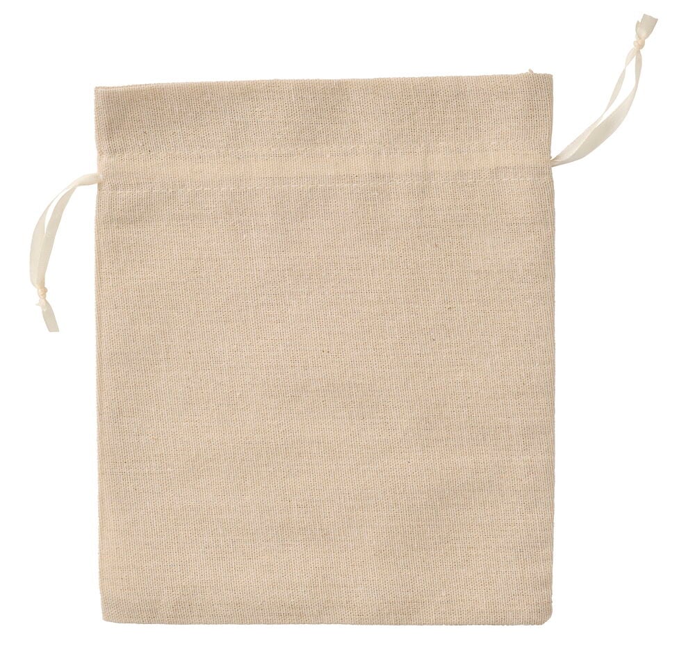 Naturfarbener gewebter Stoff Geschenkbeutel 20x22,5 cm mit Zugbändern, Vorderansicht.
