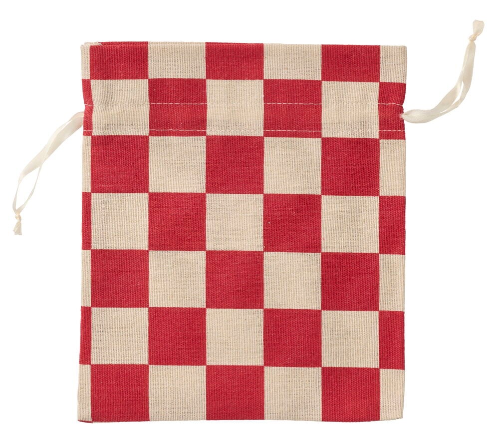 Geschenkbeutel 20x22,5 cm Weihnachten Gemischt, rot-beige kariert aus Stoff mit weißen Zugbändern.