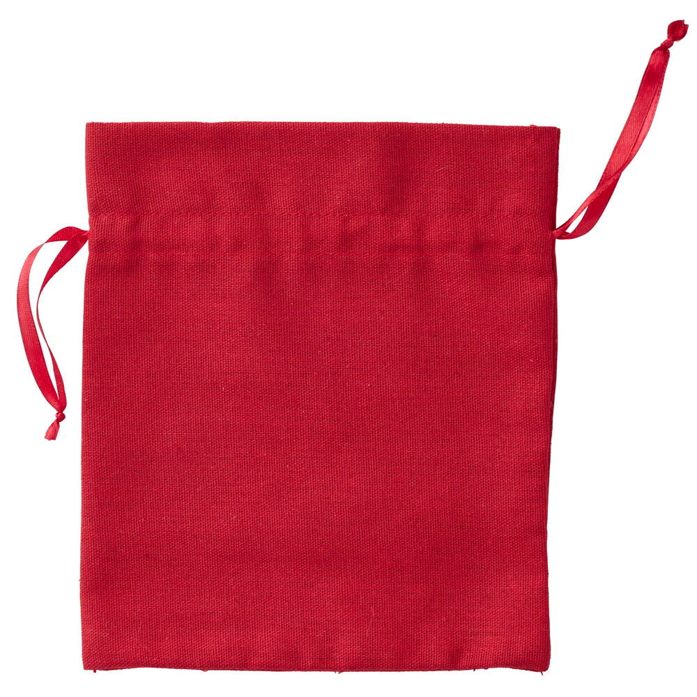 Roter Stoff-Geschenkbeutel mit rotem Zugbandverschluss.