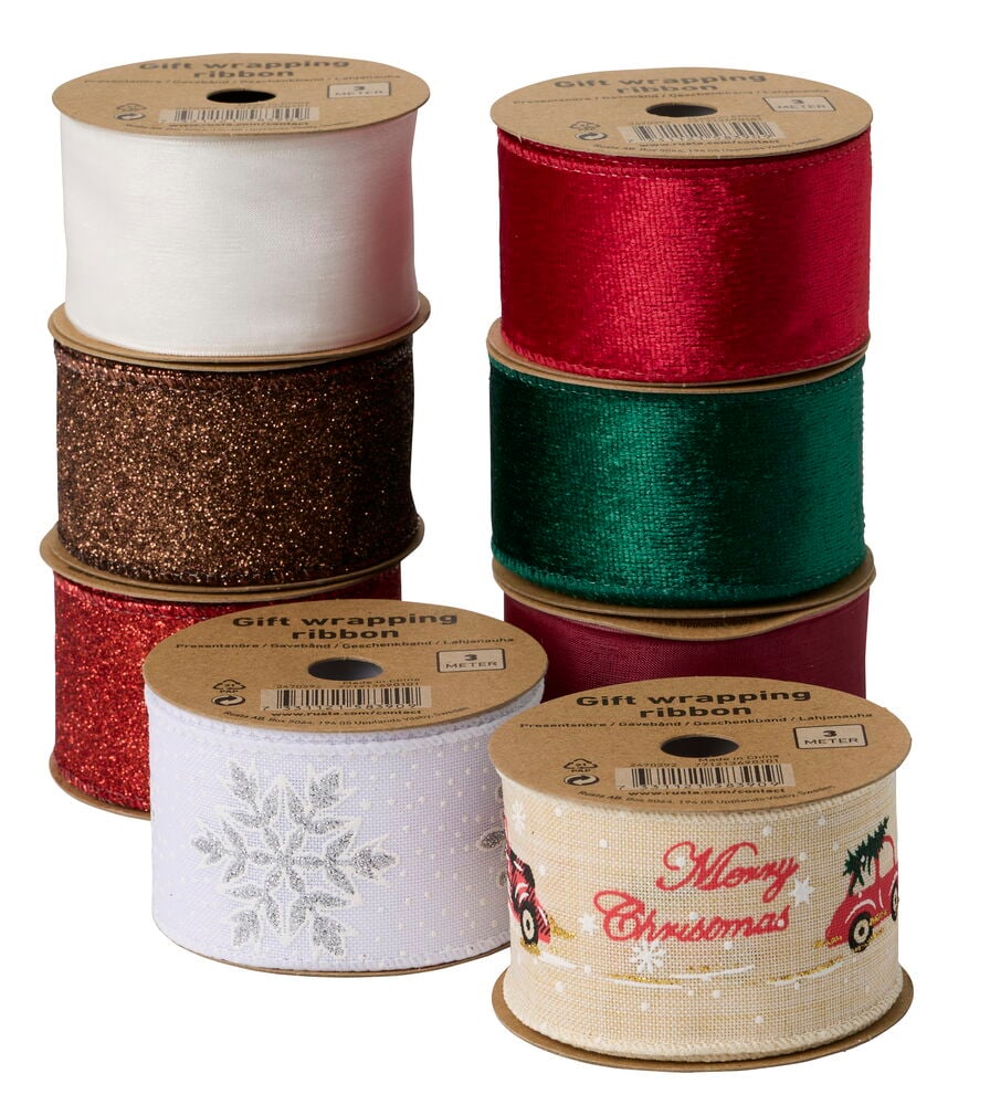 Geschenkband 3 m: weiß, rot, grün, braun, Schneeflocken- und Frohe Weihnachten-Muster.