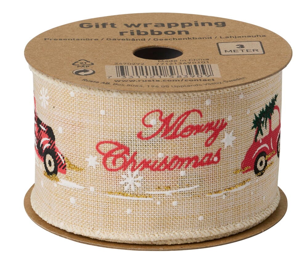 Geschenkband 3 m: Hellbeiges Band mit roten Autos, Weihnachtsbaum, Merry Christmas Text, Schneeflocken und Glitzer.
