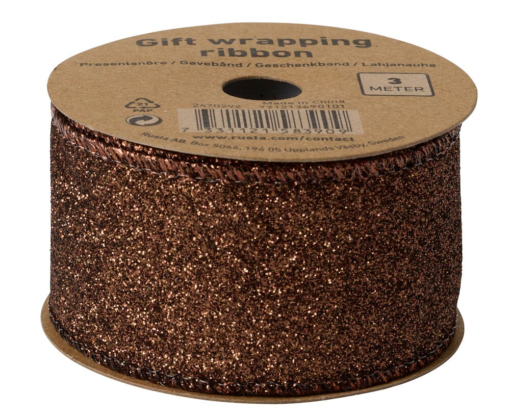 Braunes glitzerndes Geschenkband 3 m auf einer Pappspule.