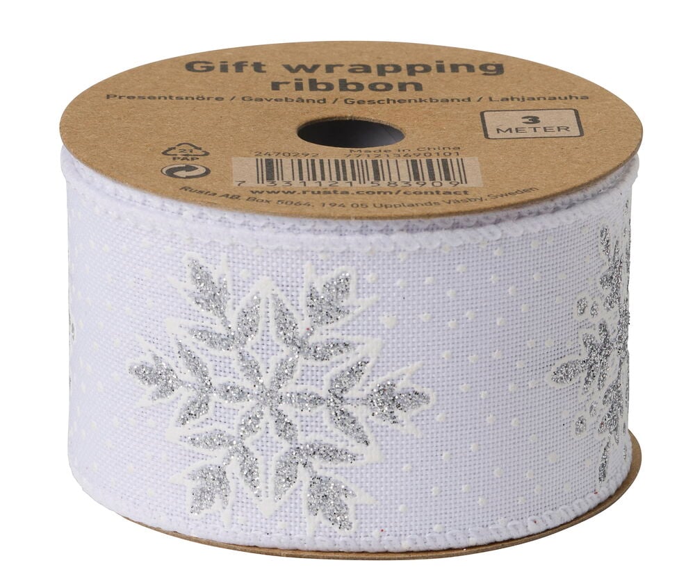 Weißes Geschenkband 3 m mit silbernen Glitzerschneeflocken und weißen Punkten.